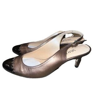 Vaneli Liddy Bronze Leather Slingback Kitten Heels Cap Toe ZigZag Detail Sz 6.5